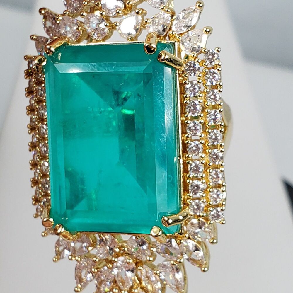 Signed Princess Doublet Natural Emerald with CZ 18KGL Size 9 Cocktail Ring - Picture 14 of 16